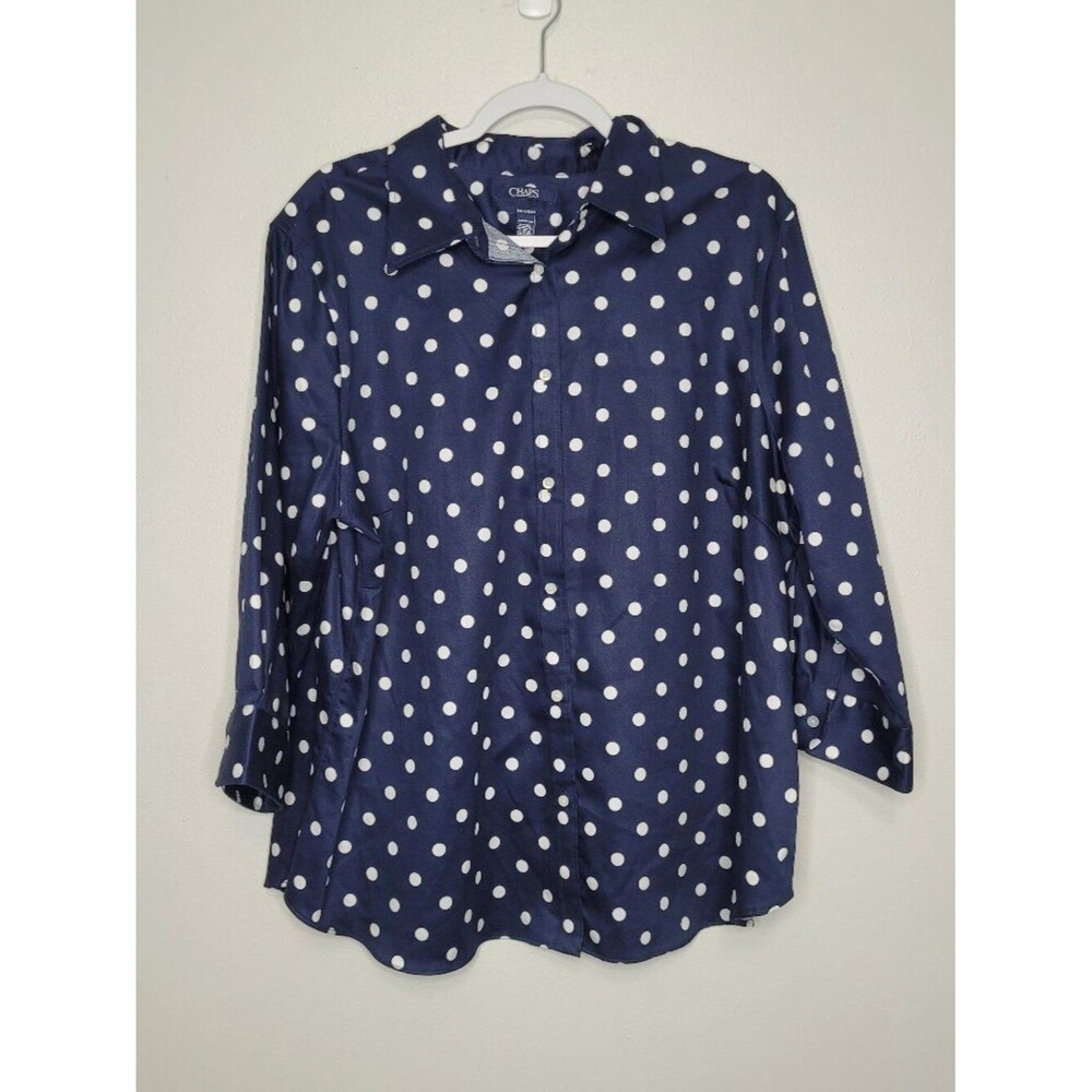 Chaps navy blue white polka dot button front 3/4 sleeve plus size top 2x